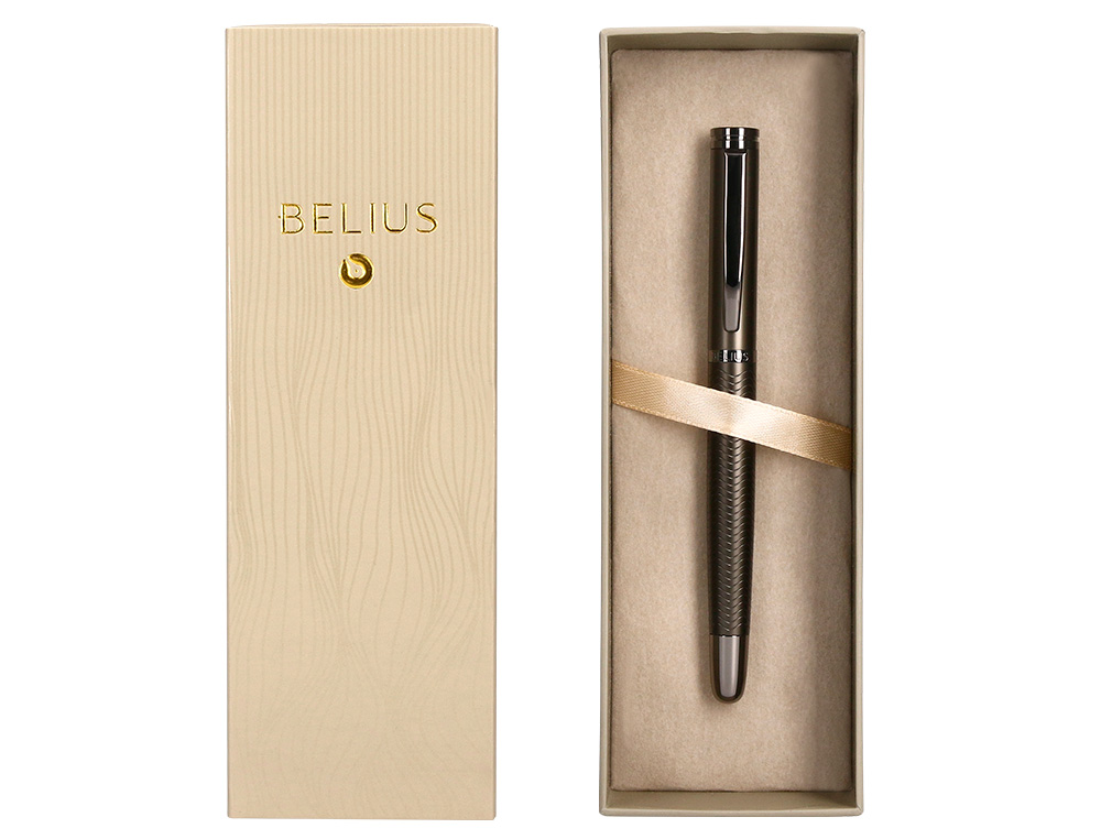 STYLO-BILLE BELIUS NEPTUNO ALUMINIUM TEXTURE ONDULEE ATTRIBUTS GUN ENCRE BLEUE COLORIS KAKI DANS COFFRET CADEAU