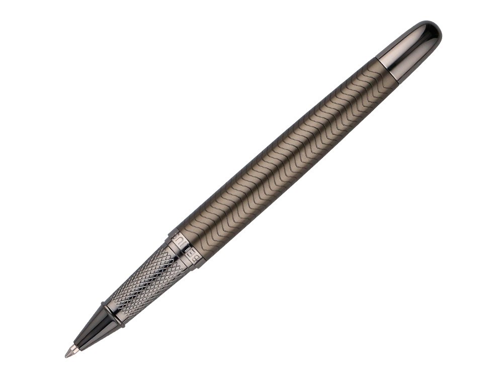 STYLO-BILLE BELIUS NEPTUNO ALUMINIUM TEXTURE ONDULEE ATTRIBUTS GUN ENCRE BLEUE COLORIS KAKI DANS COFFRET CADEAU