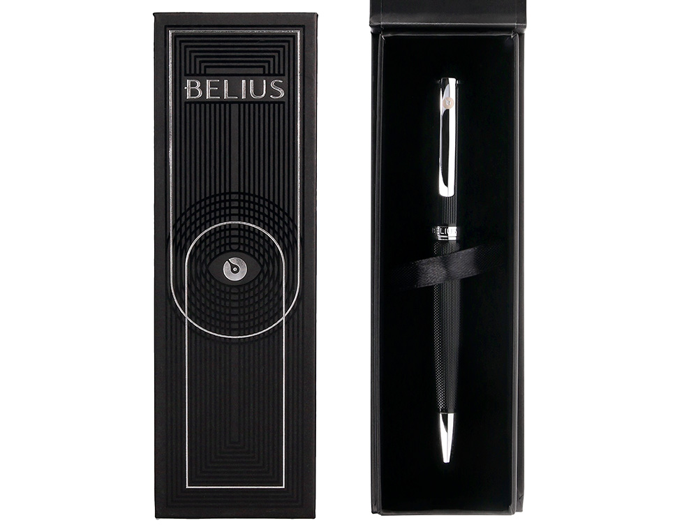 ROLLER BELIUS TURBO ALUMINIUM TEXTURE POINTILLEE ATTRIBUTS  ARGENT ENCRE BLEUE COLORIS    NOIR DANS COFFRET CADEAU