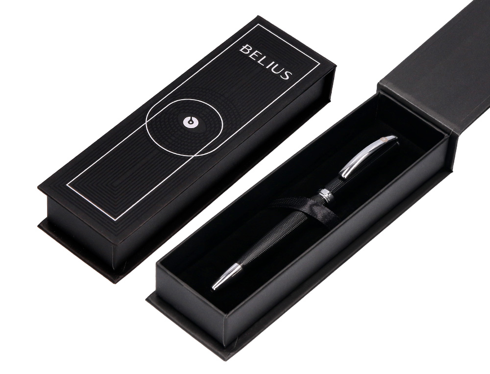 ROLLER BELIUS TURBO ALUMINIUM TEXTURE POINTILLEE ATTRIBUTS  ARGENT ENCRE BLEUE COLORIS    NOIR DANS COFFRET CADEAU