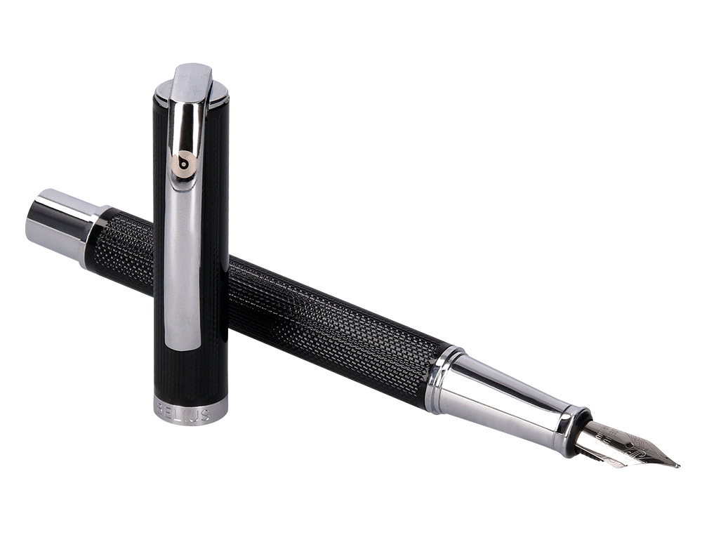 STYLO-PLUME ETUI SIMILI CUIR BELIUS TURBO ALUM. TEXTURE POINTILLEE ATTRIBUTS ARGENT ENCRE BLEUE COL. NOIR COFFRET CADEAU