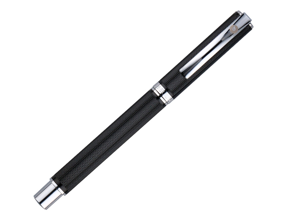 STYLO-PLUME ETUI SIMILI CUIR BELIUS TURBO ALUM. TEXTURE POINTILLEE ATTRIBUTS ARGENT ENCRE BLEUE COL. NOIR COFFRET CADEAU