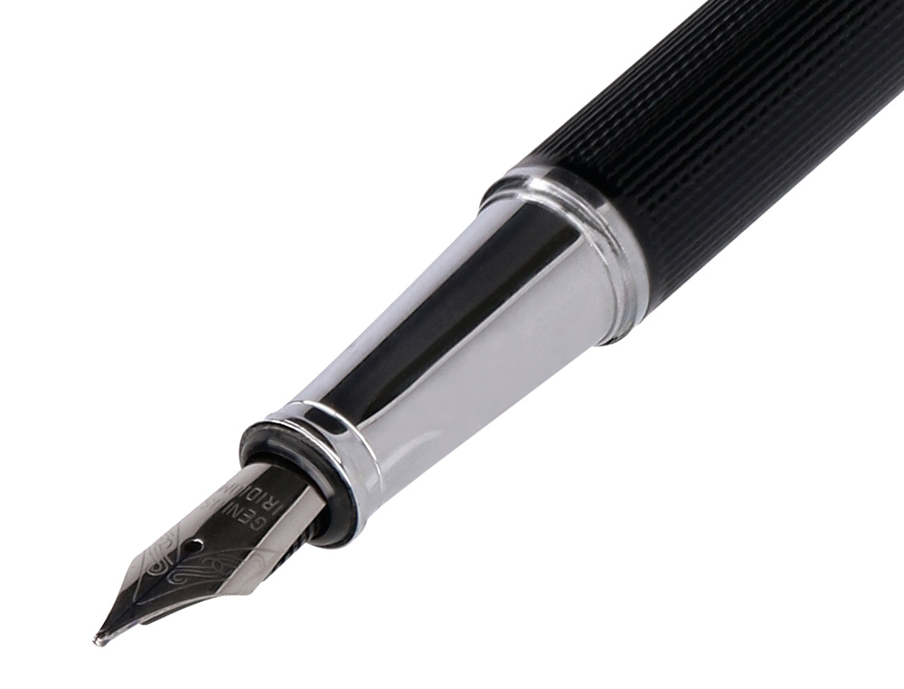 STYLO-PLUME ETUI SIMILI CUIR BELIUS TURBO ALUM. TEXTURE POINTILLEE ATTRIBUTS ARGENT ENCRE BLEUE COL. NOIR COFFRET CADEAU