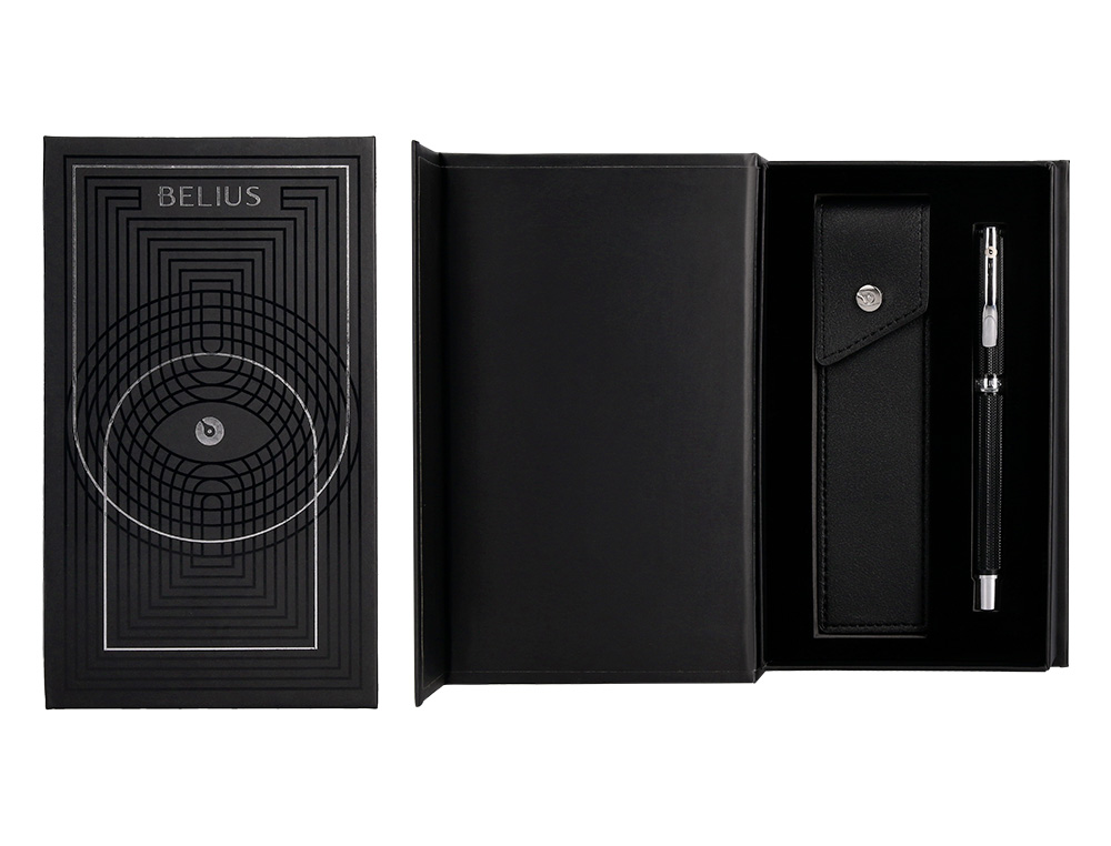 STYLO-PLUME ETUI SIMILI CUIR BELIUS TURBO ALUM. TEXTURE POINTILLEE ATTRIBUTS ARGENT ENCRE BLEUE COL. NOIR COFFRET CADEAU