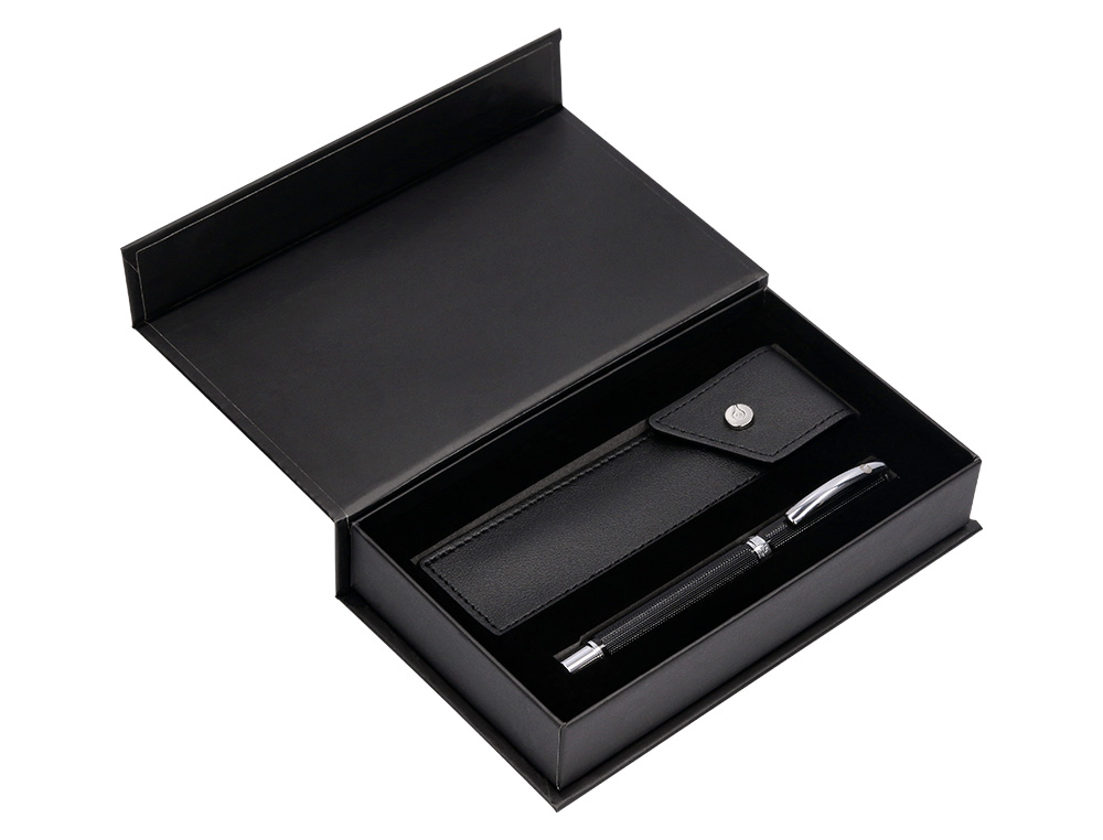 STYLO-PLUME ETUI SIMILI CUIR BELIUS TURBO ALUM. TEXTURE POINTILLEE ATTRIBUTS ARGENT ENCRE BLEUE COL. NOIR COFFRET CADEAU