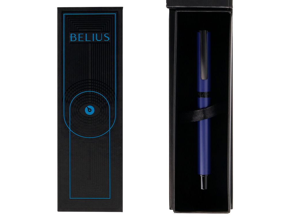 ROLLER BELIUS TURBO ALUMINIUM TEXTURE POINTILLEE ATTRIBUTS NOIR ENCRE BLEUE COLORIS BLEU DANS COFFRET CADEAU