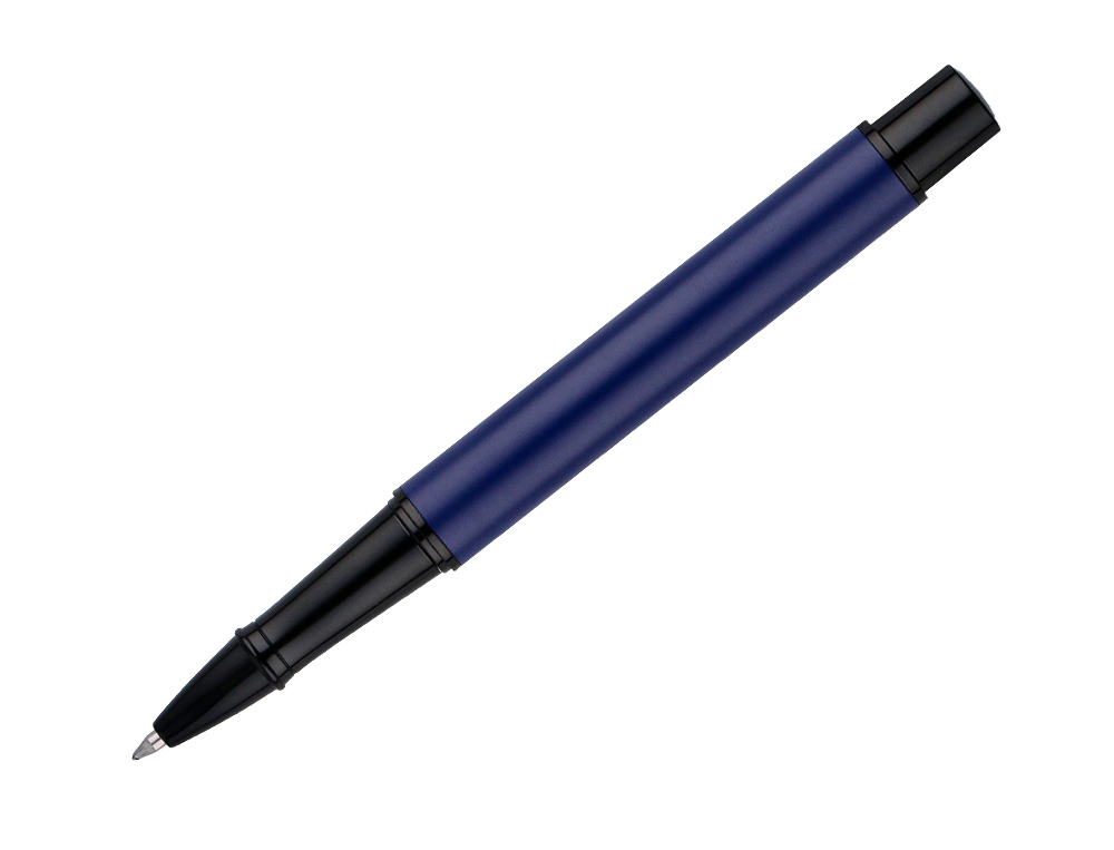 ROLLER BELIUS TURBO ALUMINIUM TEXTURE POINTILLEE ATTRIBUTS NOIR ENCRE BLEUE COLORIS BLEU DANS COFFRET CADEAU