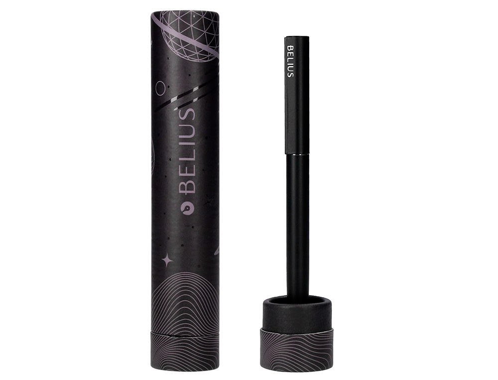 STYLO-BILLE BELIUS ROCKET B MONOCHROME SANS AGRAFE ENCRE BLEUE COLORIS NOIR DANS COFFRET CADEAU ORIGINAL CYLINDRIQUE