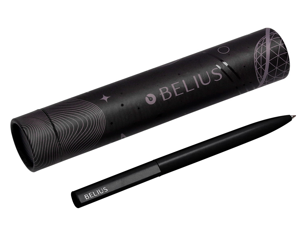 STYLO-BILLE BELIUS ROCKET B MONOCHROME SANS AGRAFE ENCRE BLEUE COLORIS NOIR DANS COFFRET CADEAU ORIGINAL CYLINDRIQUE
