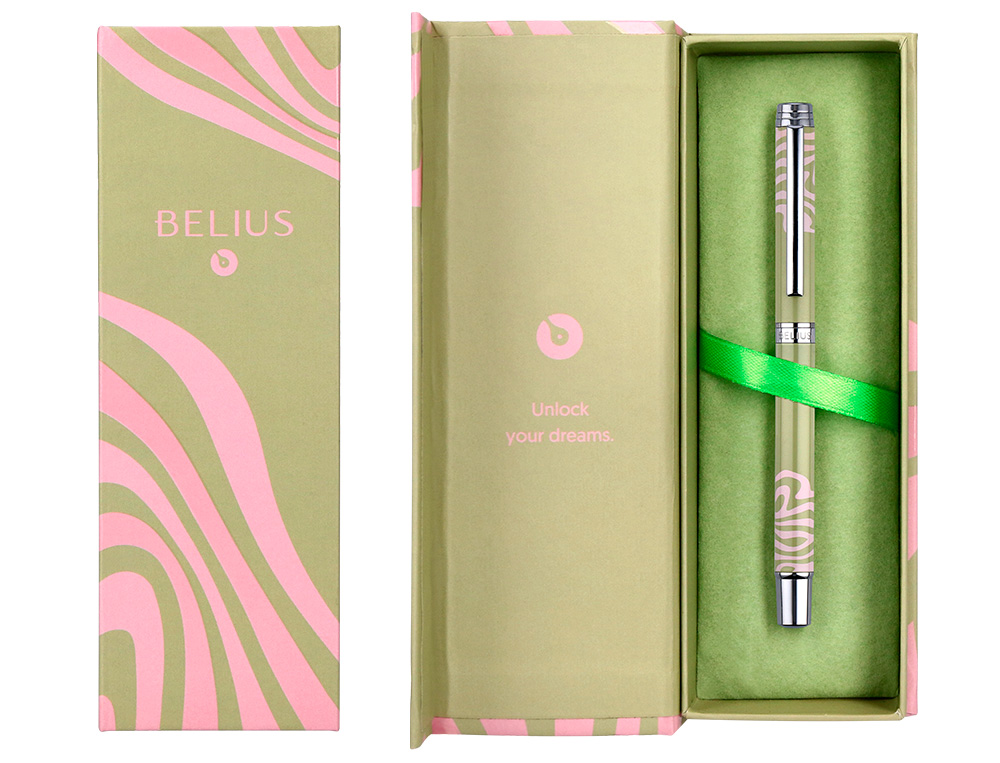 ROLLER BELIUS INK DREAMS ALUMINIUM ATTRIBUTS ARGENT ENCRE NOIRE COLORIS VERT MATCHA ONDULATIONS ROSE DANS COFFRET CADEAU