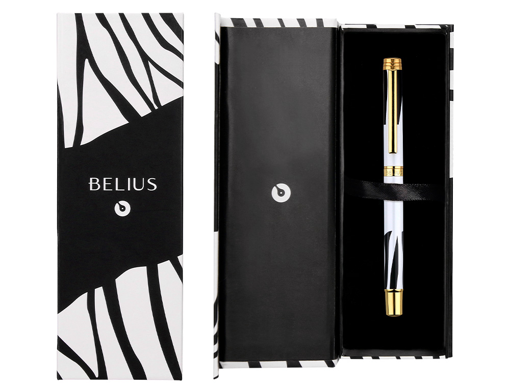 ROLLER BELIUS B&W ALUMINIUM ATTRIBUTS OR ENCRE NOIRE COLORIS NOIR ZEBRURES BLANCHES DANS COFFRET CADEAU