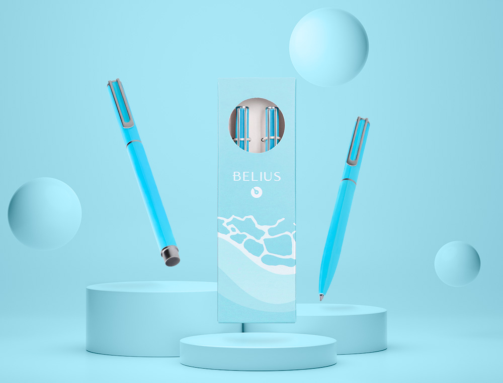 PARURE STYLO-BILLE ET ROLLER BELIUS ENDLESS SUMMER ALUMINIUM ATRIBUTS ARGENT ENCRE BLEUE COLORIS BLEU COFFRET CADEAU