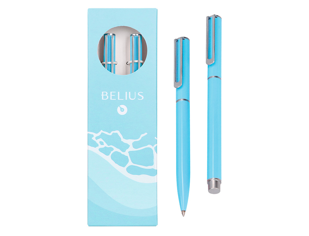 PARURE STYLO-BILLE ET ROLLER BELIUS ENDLESS SUMMER ALUMINIUM ATRIBUTS ARGENT ENCRE BLEUE COLORIS BLEU COFFRET CADEAU