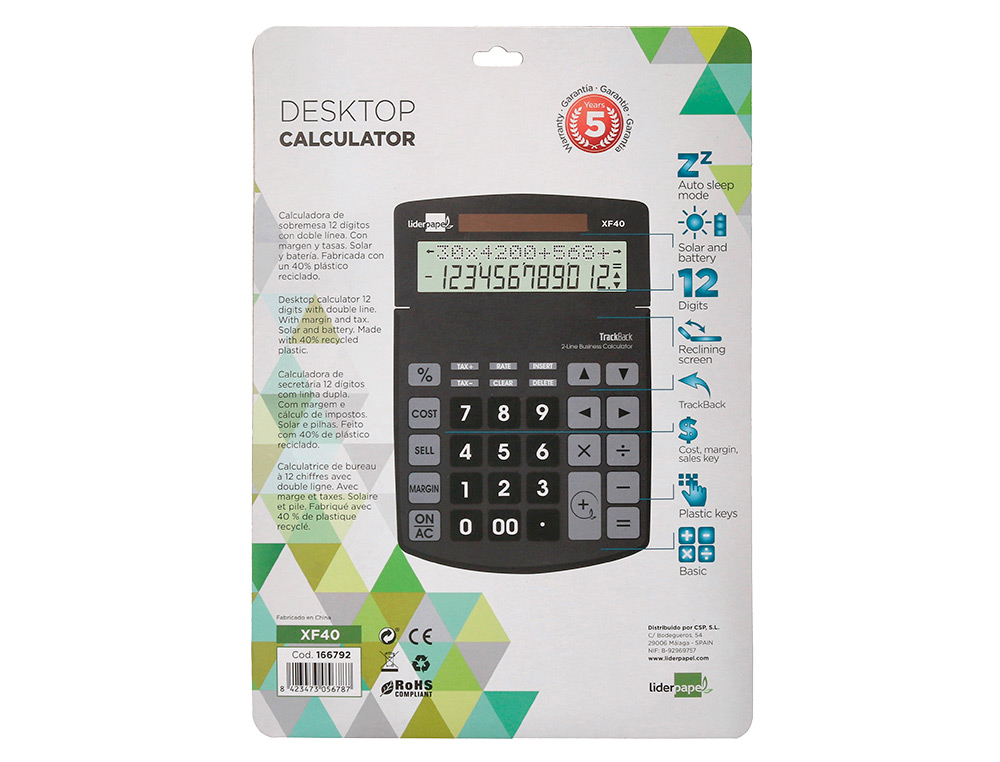CALCULATRICE DE BUREAU LIDERPAPEL XF40 12 CHIFFRES   DOUBLE LIGNE SOLAIRE ET PILES 175X120X30MM COLORIS NOIR