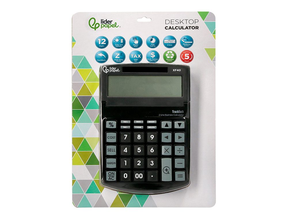 CALCULATRICE DE BUREAU LIDERPAPEL XF40 12 CHIFFRES DOUBLE LIGNE SOLAIRE ET PILES 175X120X30MM COLORIS NOIR