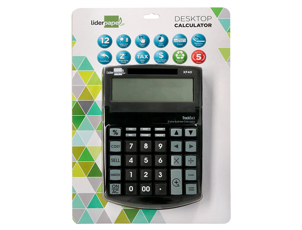 CALCULATRICE DE BUREAU LIDERPAPEL XF40 12 CHIFFRES   DOUBLE LIGNE SOLAIRE ET PILES 175X120X30MM COLORIS NOIR