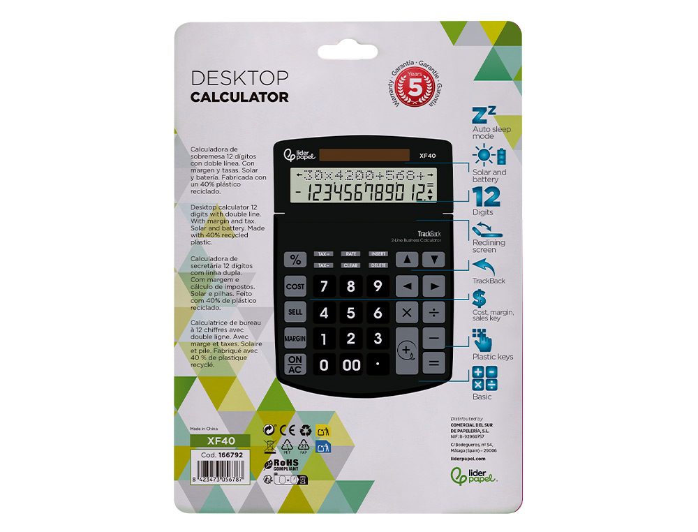CALCULATRICE DE BUREAU LIDERPAPEL XF40 12 CHIFFRES DOUBLE LIGNE SOLAIRE ET PILES 175X120X30MM COLORIS NOIR