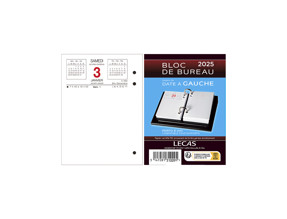 CALENDRIER LECAS BLOC DATE A GAUCHE 2025 1JOUR/PAGE        8,5X11,5CM
