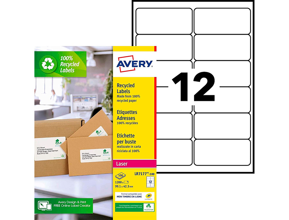 ETIQUETTE AUTOCOLLANTE AVERY ADRESSE RECYCLEE LASER BLANC 99,1 X 42,3MM BOITE DE 1200