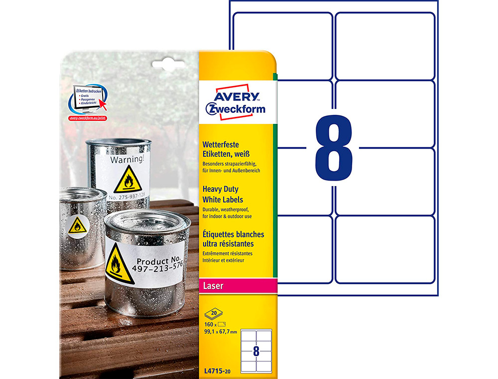 ETIQUETTE AVERY ULTRA RESISTANTES POLYESTER LASER BLANC 99,1 X 67,7 MM BOITE DE 160