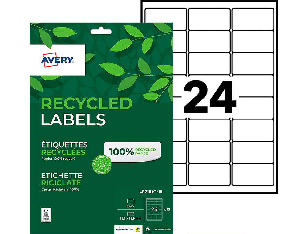 ETIQUETTE AUTOCOLLANTE AVERY ADRESSE RECYCLEE LASER BLANC 63,5 X 33,9MM BOITE DE 360