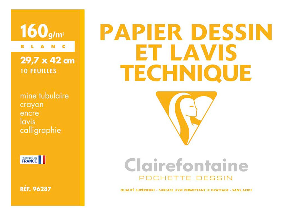 POCHETTE DESSIN ET LAVIS CLAIREFONTAINE PAPIER 160G    SURFACE LISSE FORMAT . FORMAT A3 29,7 X 42CM 10 FEUILLES