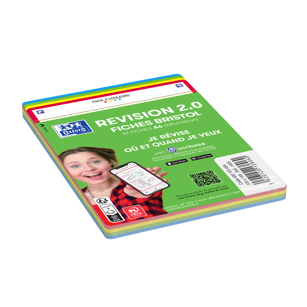 FICHES BRISTOL OXFORD REVISION 2.0 A6 NON PERFOREE  32 FICHES/FILM Q5X5 COULEURS  ASSORTIES