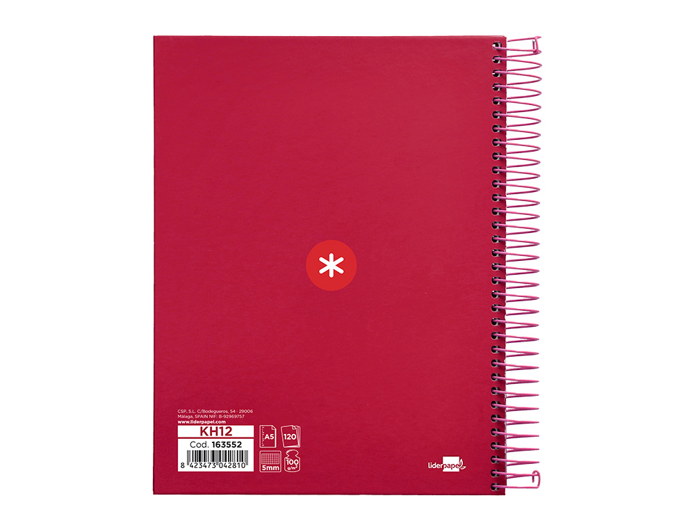 CAHIER SPIRALE ANTARTIK A5 14,8X21CM 240P 90G/M2 5X5MM 6 TROUS COIL-LOCK COLORIS       FRAMBOISE