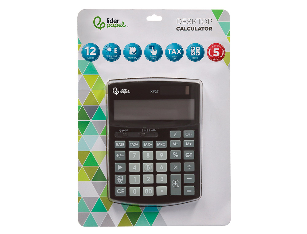 CALCULATRICE DE BUREAU LIDERPAPEL XF27 12 CHIFFRES   TAXES SOLAIRE ET PILES        COLORIS NOIR 155X115X25 MM