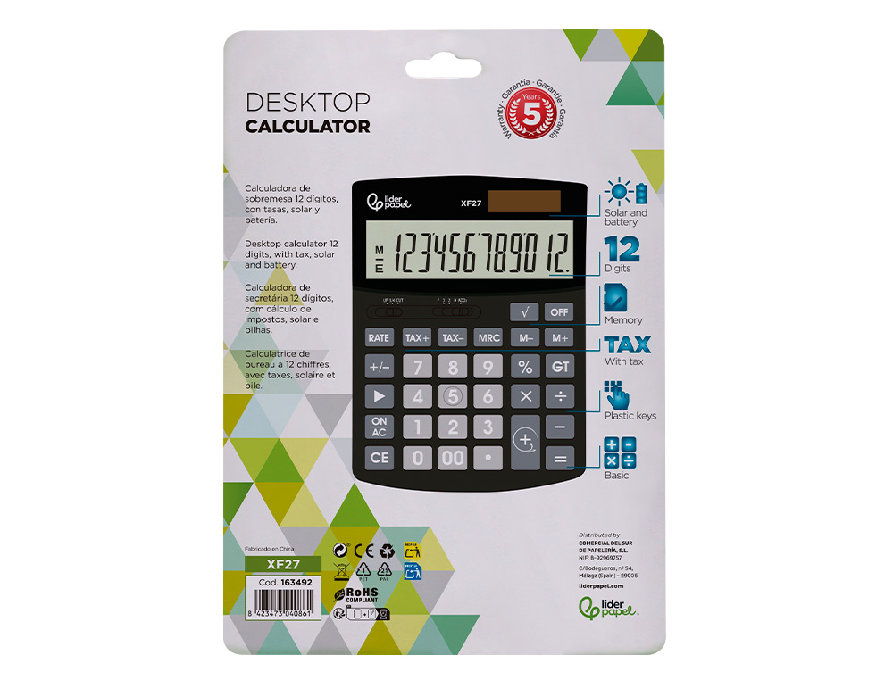 CALCULATRICE DE BUREAU LIDERPAPEL XF27 12 CHIFFRES   TAXES SOLAIRE ET PILES        COLORIS NOIR 155X115X25 MM