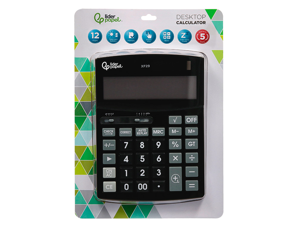 CALCULATRICE DE BUREAU LIDERPAPEL XF29 12 CHIFFRES   TAXES SOLAIRE ET PILES        COLORIS NOIR 190X140X30 MM