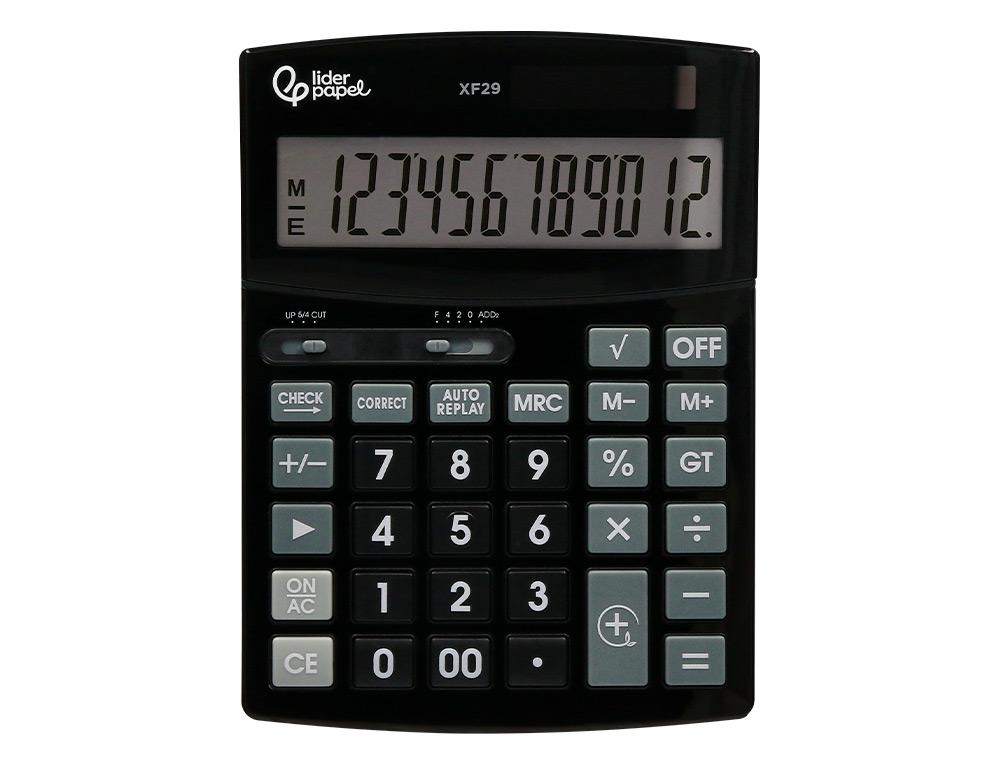 CALCULATRICE DE BUREAU LIDERPAPEL XF29 12 CHIFFRES   TAXES SOLAIRE ET PILES        COLORIS NOIR 190X140X30 MM