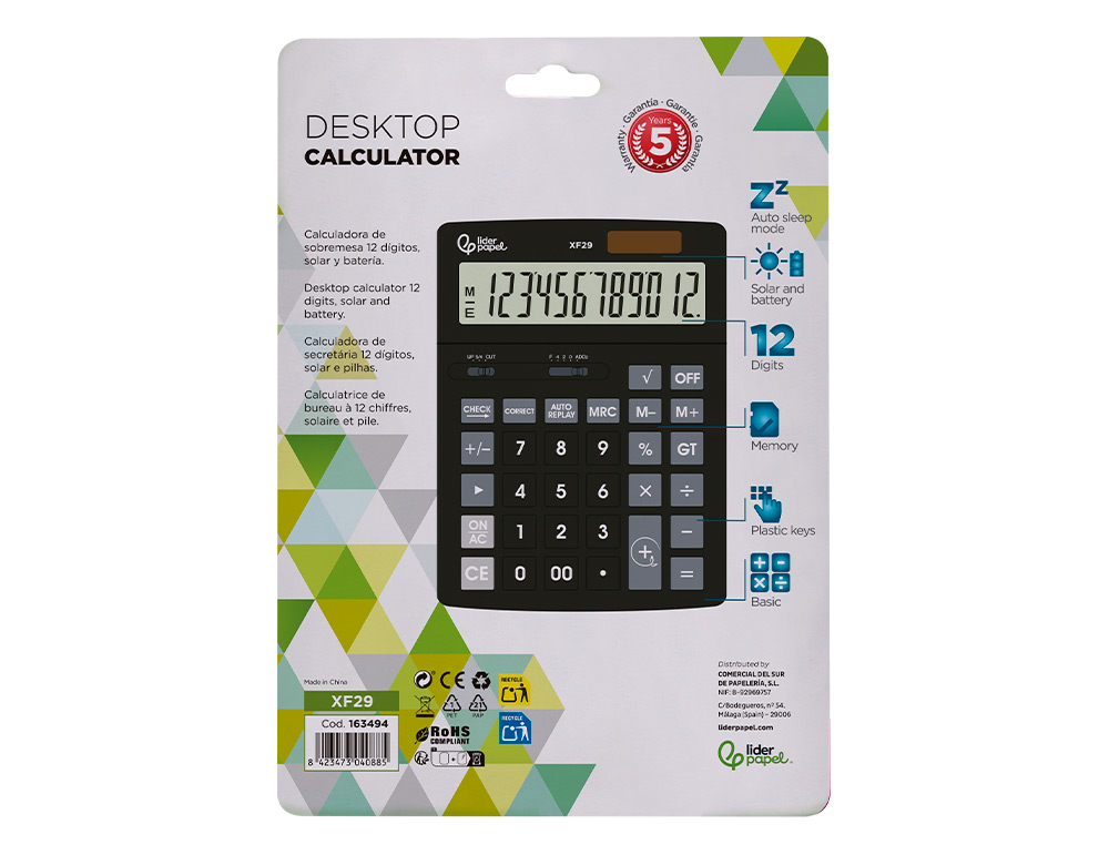 CALCULATRICE DE BUREAU LIDERPAPEL XF29 12 CHIFFRES   TAXES SOLAIRE ET PILES        COLORIS NOIR 190X140X30 MM