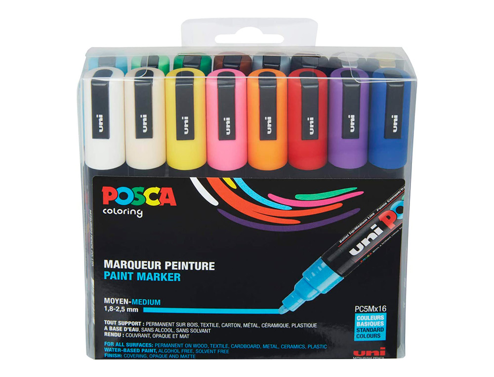 MARQUEURS PEINTURE POSCA POINTE CONIQUE MOYENNE ENCRE INODORE COUVRANTE SET 16 UNITES ASSORTIES