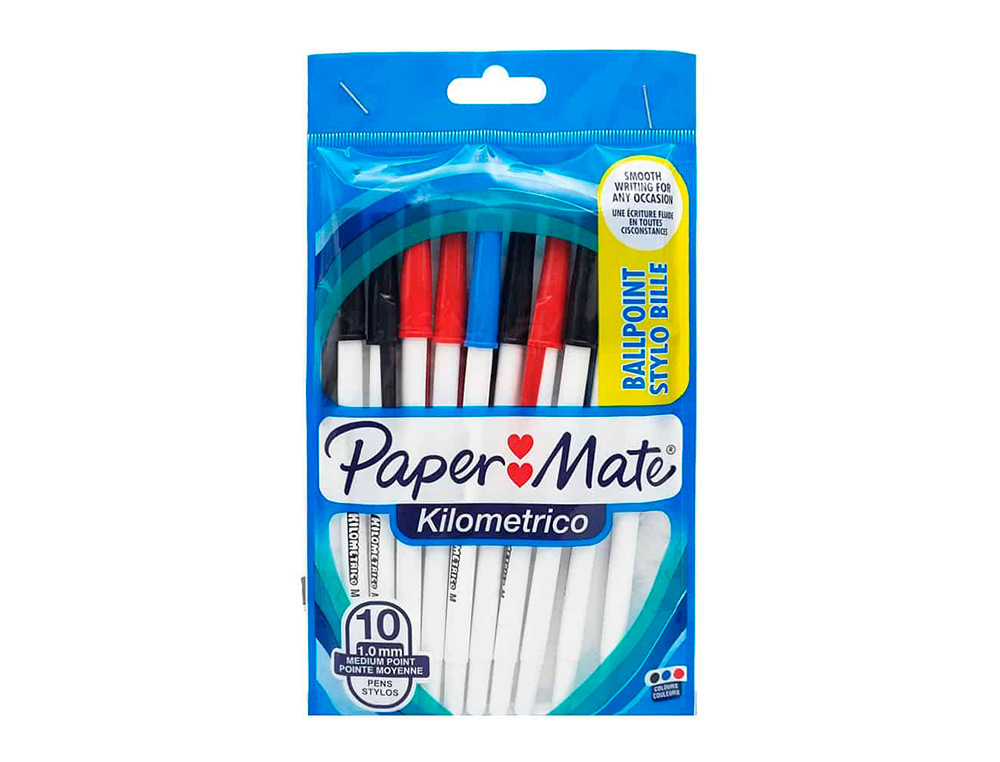 STYLO-BILLE KILOMETRICO PAPER MATE POINTE MOYENNE 1MM ENCRES ASSORITES 4NOIR 4 BLEU 2 ROUGE SACHET DE 10