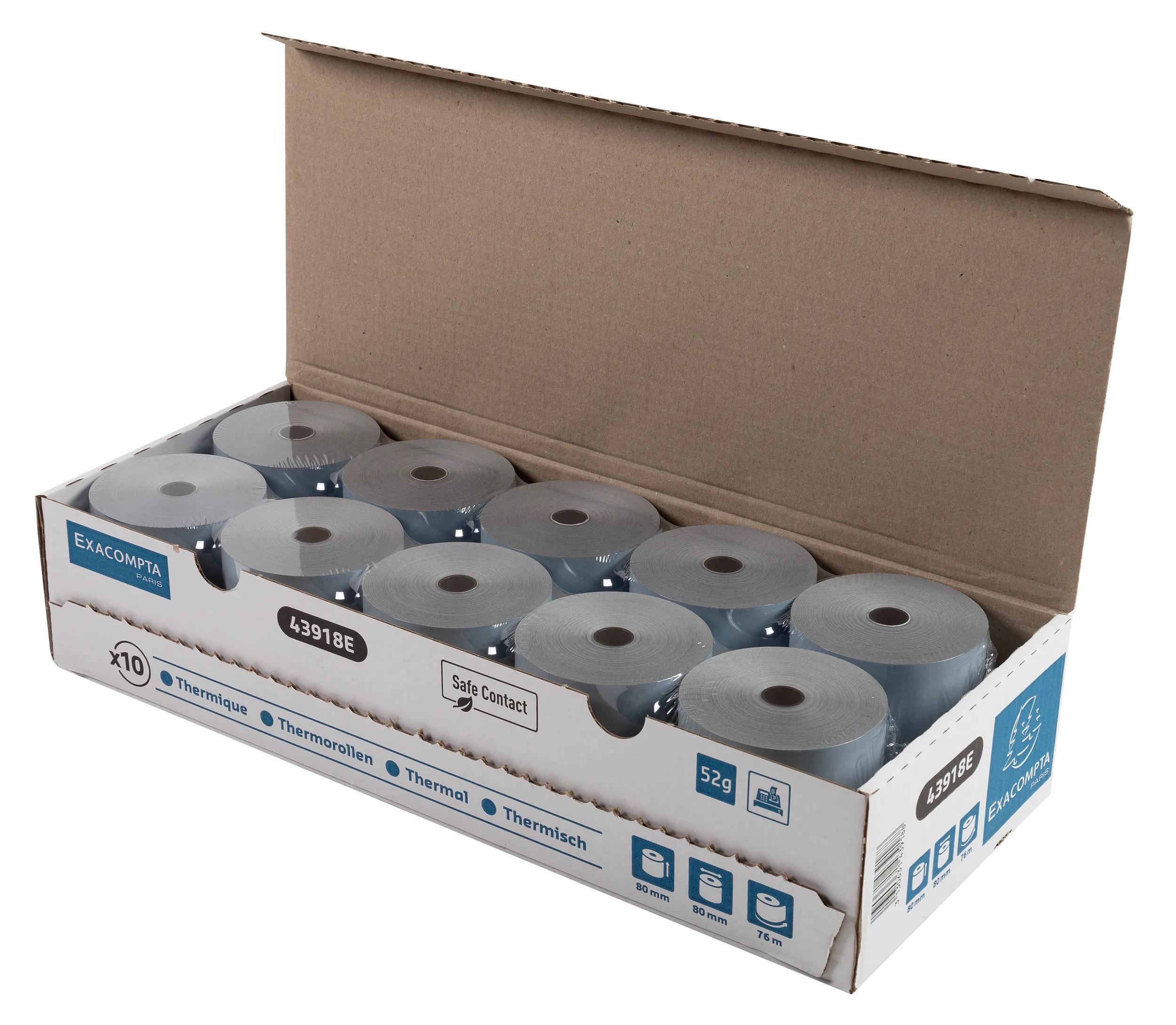 BOBINE THERMIQUE EXACOMPTA EXABLUE 80X80MM LONG. 76M 52G/M2 IMPRESSION VERSO TRES LONGUE CONSERVATION PAQUET 10 UNITES