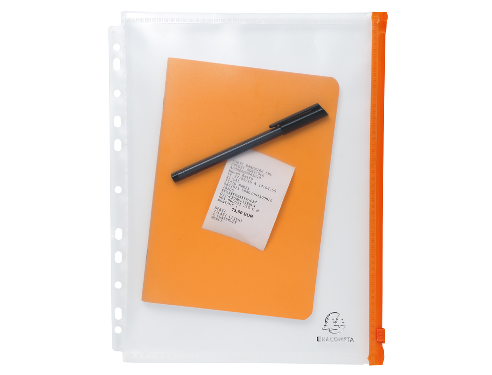 POCHETTE ZIP PERFOREE EXACOMPTA EXACTIVE A4 PP FERMETURE COLORIS ORANGE PAQUET 5 UNITES
