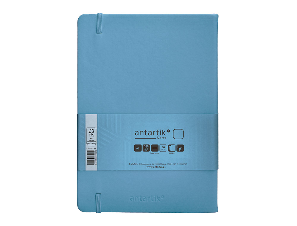 CARNET FERMETURE ELASTIQUE ANTARTIK NOTES COUVERTURE RIGIDE A5 PAPIER UNI IVOIRE 100 FEUILLES 80GR FSC BLEU CIEL