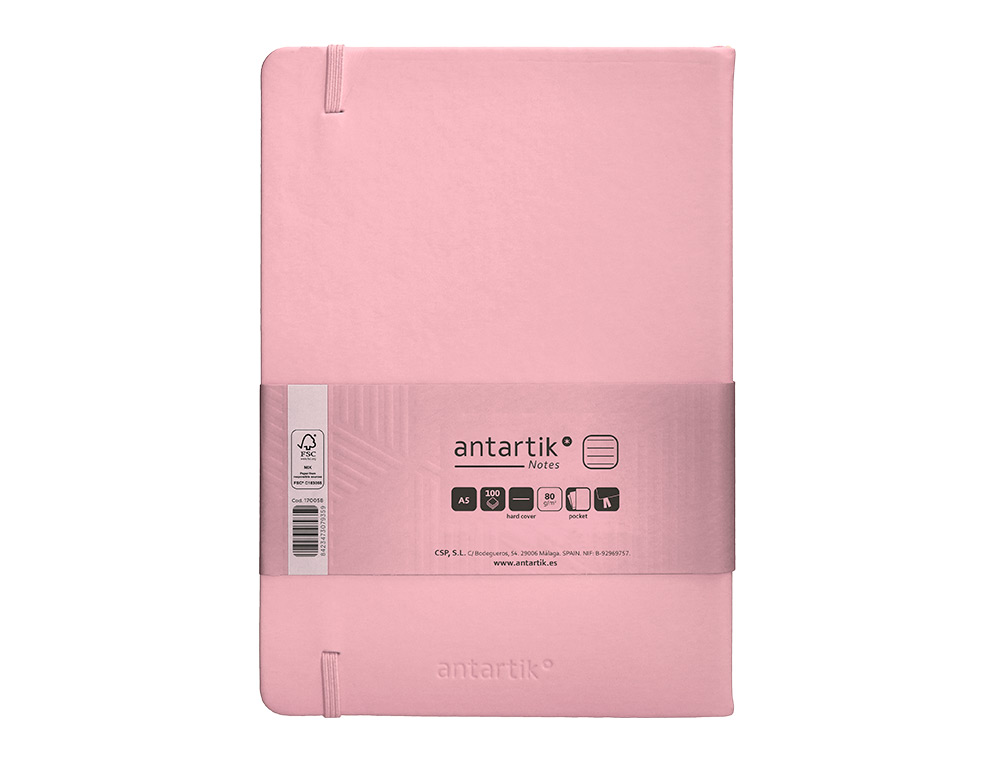 CARNET FERMETURE ELASTIQUE ANTARTIK NOTES COUVERTURE RIGIDE A5 LIGNE 100 FEUILLES 80GR FSC COLORIS ROSE PASTEL