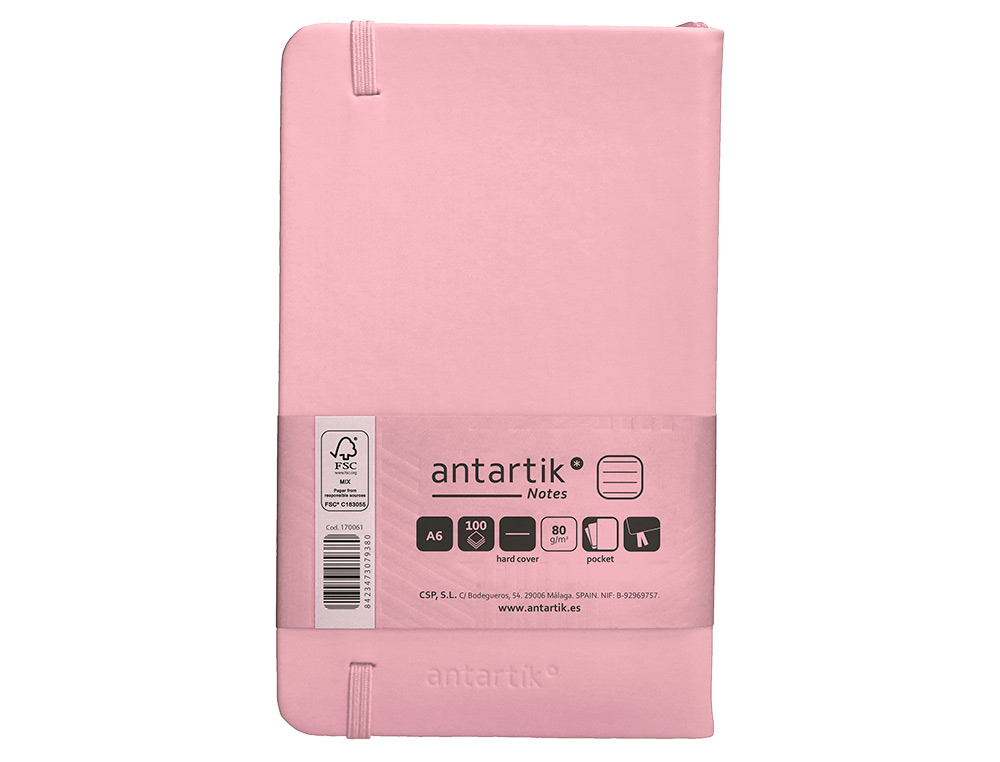 CARNET FERMETURE ELASTIQUE ANTARTIK NOTES COUVERTURE     RIGIDE A6 LIGNE 100 FEUILLES  80GR FSC COLORIS ROSE PASTEL