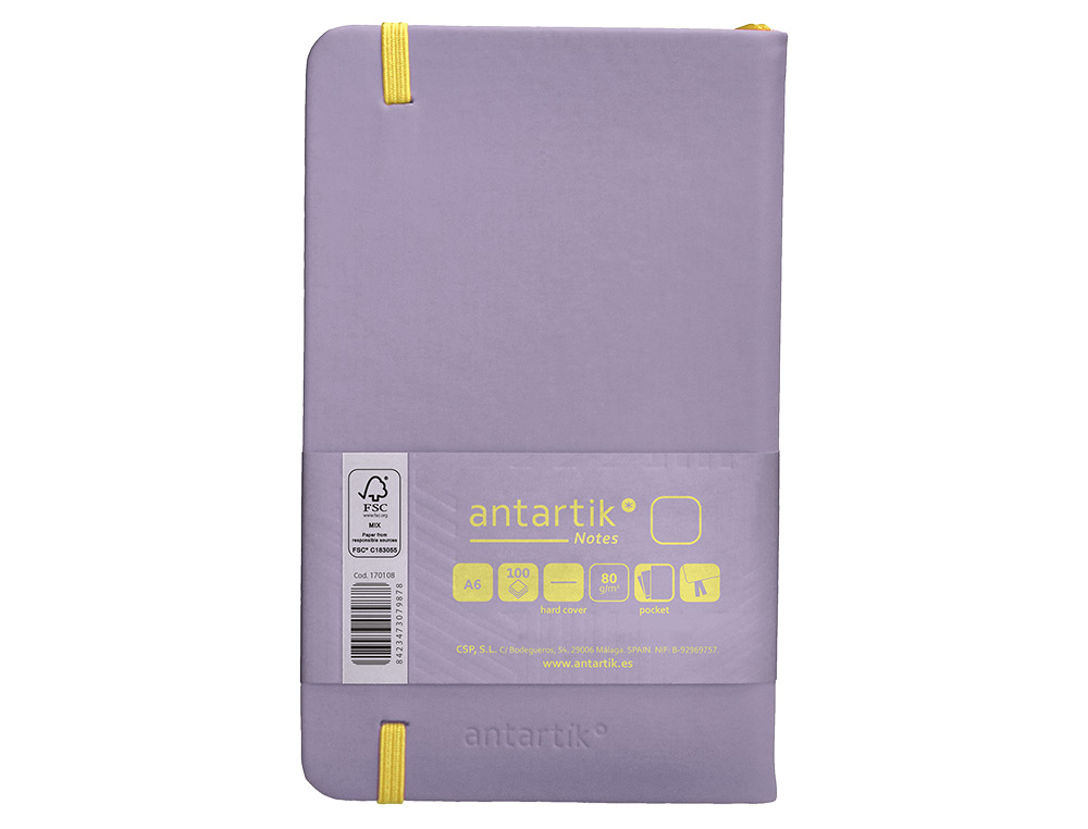 CARNET FERMETURE ELASTIQUE JAUNE ANTARTIK NOTES COUVERTURE RIGIDE A6 PAPIER UNI IVOIRE 100 FEUILLES 80GR FSC LILAS