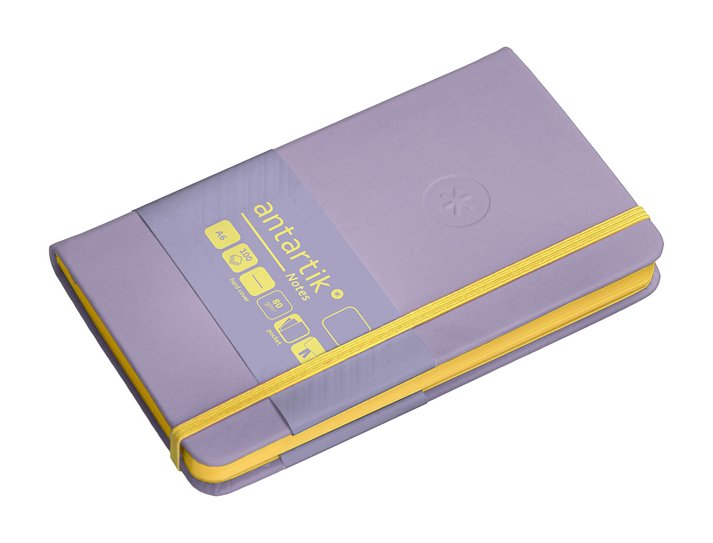 CARNET FERMETURE ELASTIQUE JAUNE ANTARTIK NOTES COUVERTURE RIGIDE A6 PAPIER UNI IVOIRE 100 FEUILLES 80GR FSC LILAS
