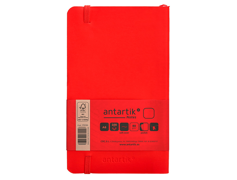 CARNET FERMETURE ELASTIQUE ANTARTIK NOTES COUVERTURE SOUPLE A6 PAPIER UNI IVOIRE 100 FEUILLES 80GR FSC COLORIS ROUGE