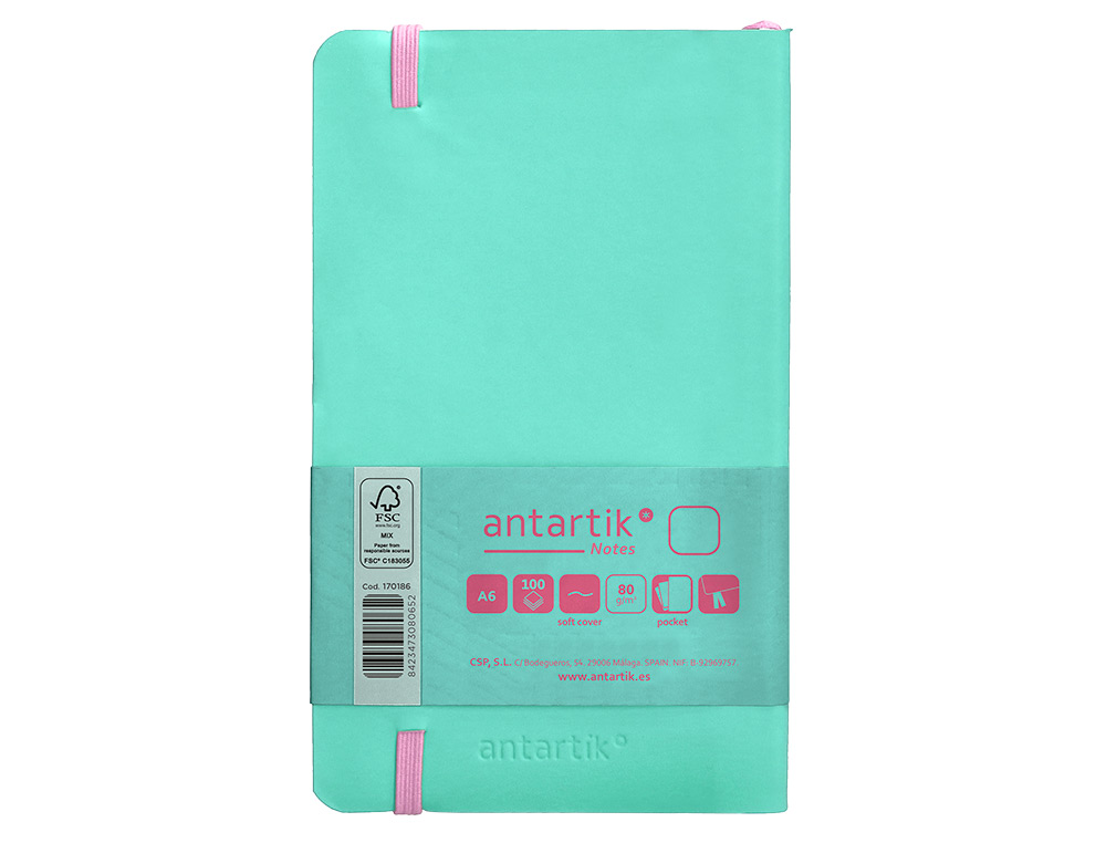 CARNET FERMETURE ELASTIQUE ROSE ANTARTIK NOTES COUVERTURE SOUPLE A6 PAPIER UNI IVOIRE 100 FEUILLES 80GR FSC TURQUOISE