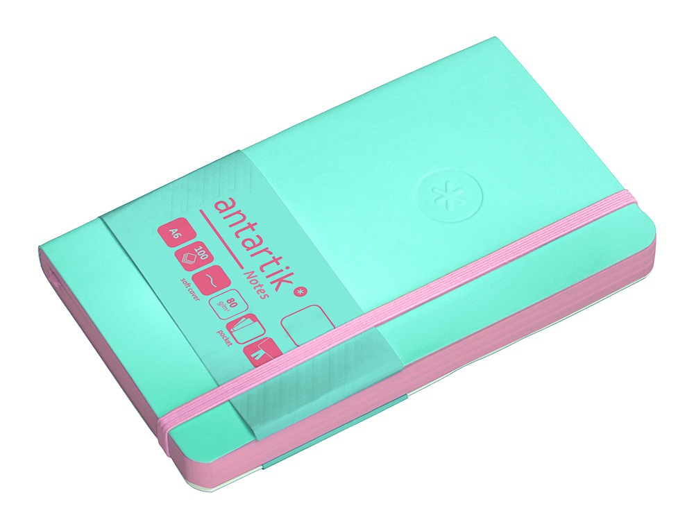 CARNET FERMETURE ELASTIQUE ROSE ANTARTIK NOTES COUVERTURE SOUPLE A6 PAPIER UNI IVOIRE 100 FEUILLES 80GR FSC TURQUOISE