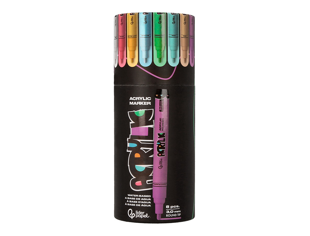 MARQUEUR LIDERPAPEL ACRYLIQUE BASE EAU TOUS SUPPORT POINTE RONDE 3MM COLORIS PASTELS ASSORTIS BOITE 8 UNITES