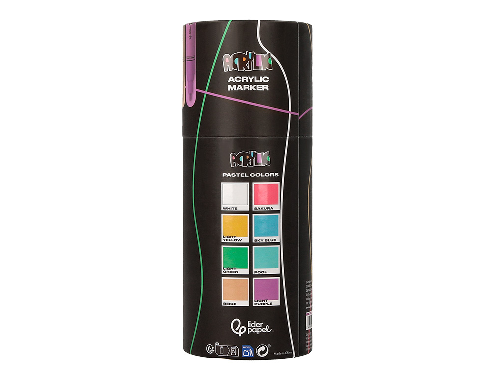 MARQUEUR LIDERPAPEL ACRYLIQUE BASE EAU TOUS SUPPORT POINTE RONDE 3MM COLORIS PASTELS ASSORTIS BOITE 8 UNITES