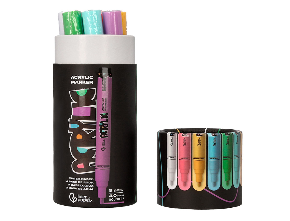 MARQUEUR LIDERPAPEL ACRYLIQUE BASE EAU TOUS SUPPORT POINTE RONDE 3MM COLORIS PASTELS ASSORTIS BOITE 8 UNITES