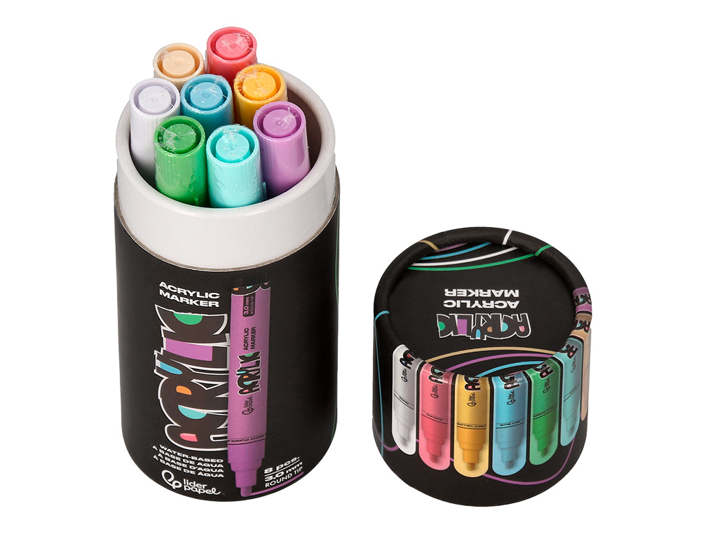 MARQUEUR LIDERPAPEL ACRYLIQUE BASE EAU TOUS SUPPORT POINTE RONDE 3MM COLORIS PASTELS ASSORTIS BOITE 8 UNITES