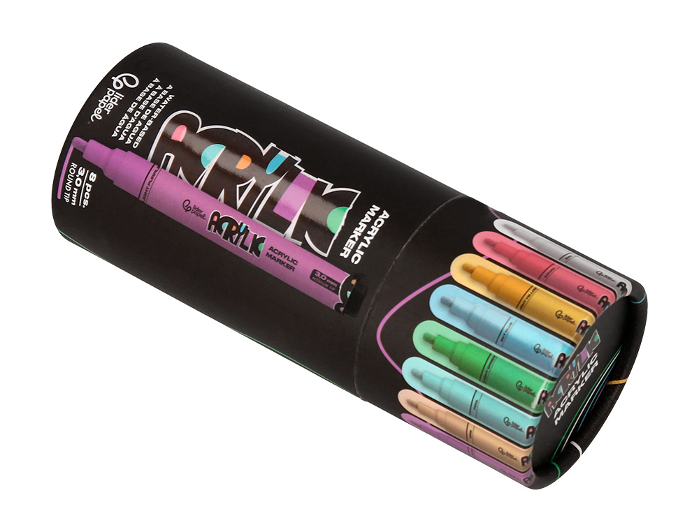 MARQUEUR LIDERPAPEL ACRYLIQUE BASE EAU TOUS SUPPORT POINTE RONDE 3MM COLORIS PASTELS ASSORTIS BOITE 8 UNITES